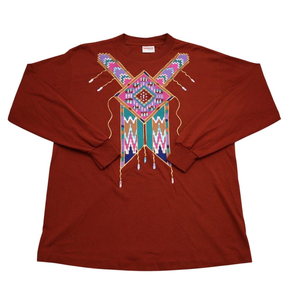 Sunbelt Sportswear Sweatshirt Men L Red Aztec Long Sleeve Crew Neck Pullover Top